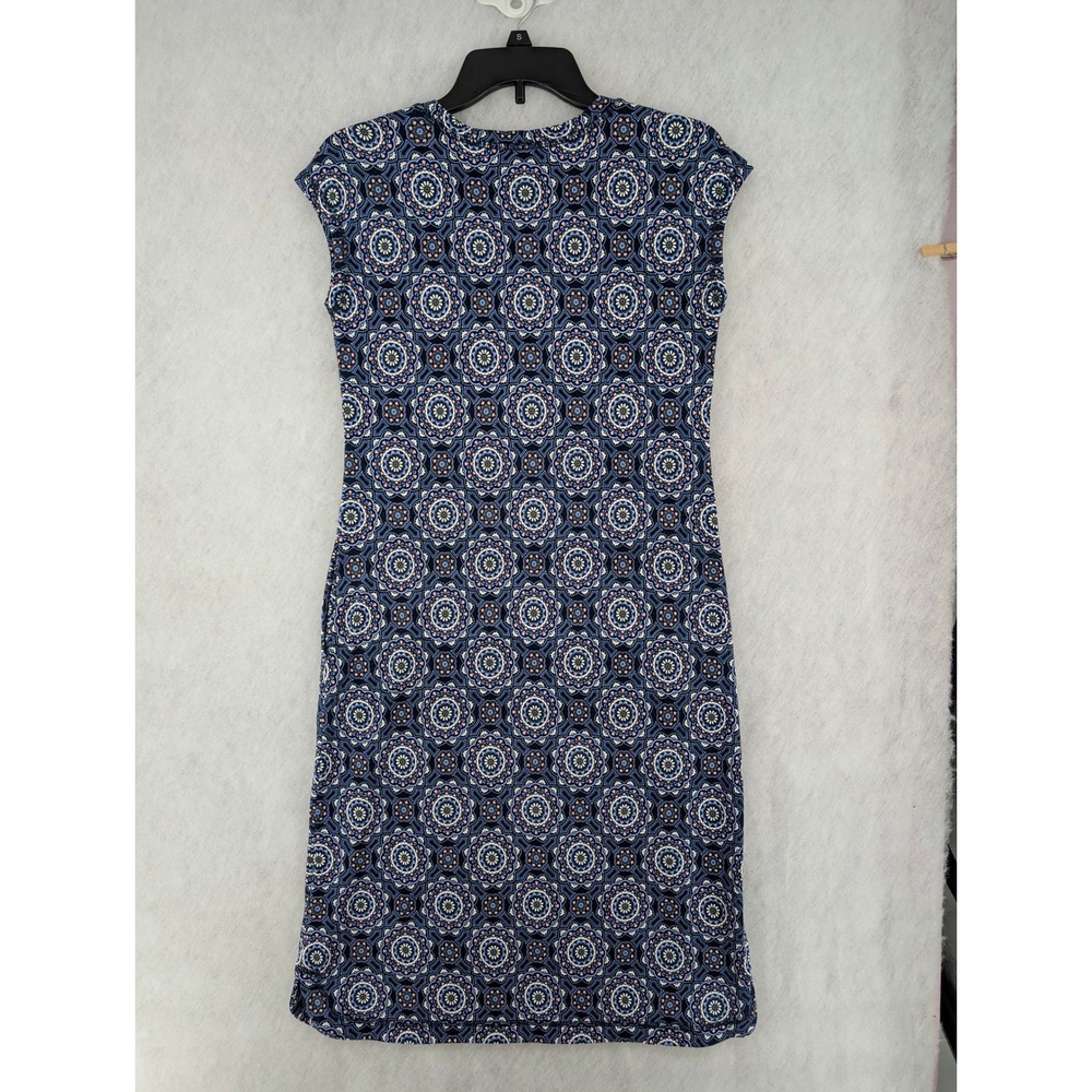 T by Talbots Dress Womens S Blue Medallion Print Cap Sleeve Pocket Jersey Sheath - Picture 2 of 12